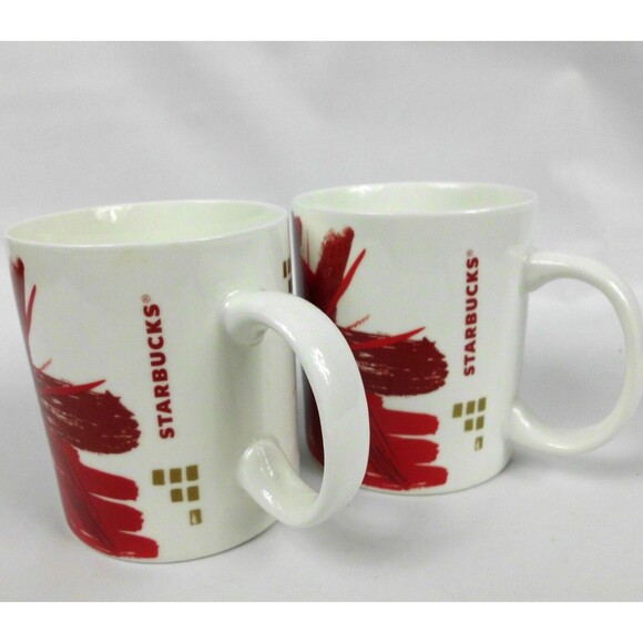Starbucks Christmas Coffee Mug 2014 Red Poinsettia Starburst Holiday Set of 2 - Picture 3 of 4